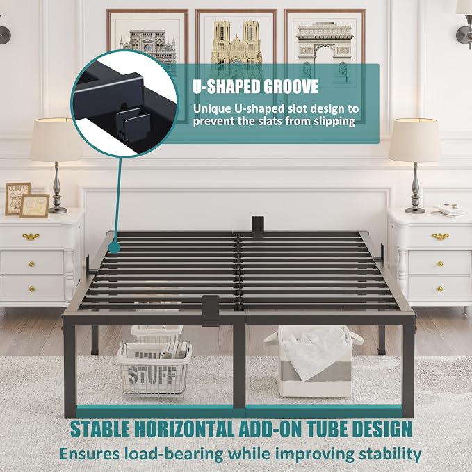Yitong Angel King Bed Frame, 18 Inch High 3500 lbs Metal Platform, Mattress Foundation with Steel Slat Support/No Box Spring Needed/Noise Free/Non-Slip/Easy Assembly
