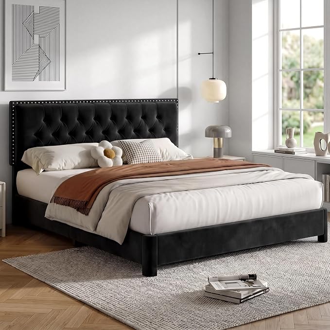 Queen Bed Frame with Headboard, Luxury Velvet Fabric Upholstered Bed frame with Button Tufted Design, Strong Wooden Slats Support - Low & Sturdy, Noise-Free, No Box Spring, Easy Assembly, Black | Plush velvet