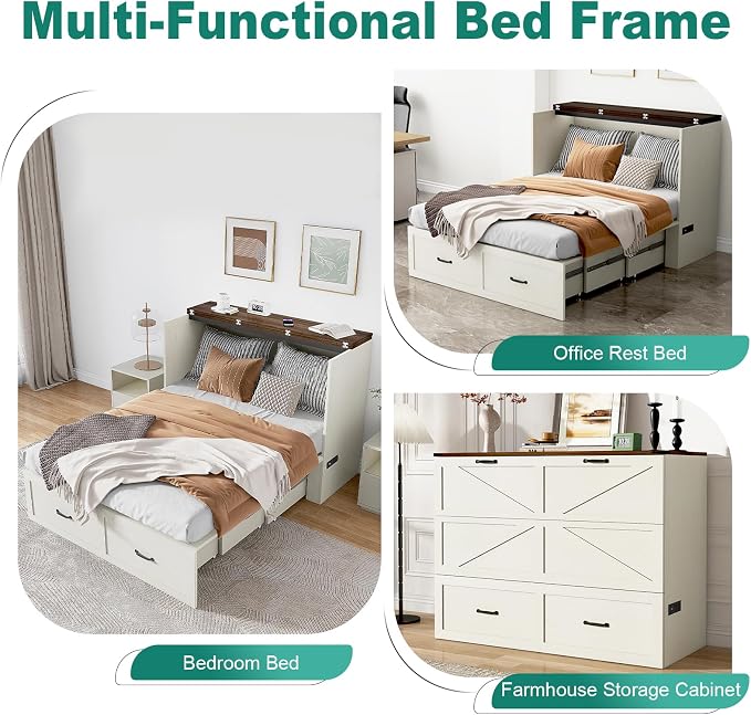 Hlivelood Full Size Murphy Chest Bed with Drawer and Charging Station, Farmhouse Wood Space-Saving Hidden Folding Beds Chest, Multifunctional Storage Cabinet Bed for Bedroom, Office, Rustic White