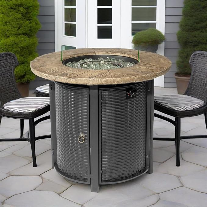 GDFStudio 30" Round Propane Fire Pit Table, 50000 BTU Outdoor Gas Heater with Faux Wood Grain Top & Glass Beads, for Patio Deck Garden Backyard, Black