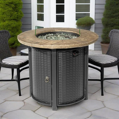 GDFStudio 30" Round Propane Fire Pit Table, 50000 BTU Outdoor Gas Heater with Faux Wood Grain Top & Glass Beads, for Patio Deck Garden Backyard, Black