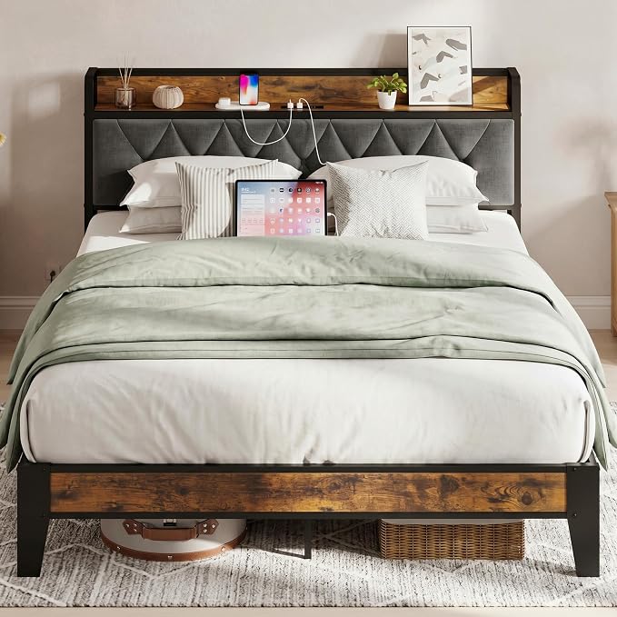 ANCTOR Full Bed Frame, Upholstered Tufted Headboard, Storage Shelves & Charging Station, No Box Springs Needed, Sturdy, Noise-Free, Modern Vintage Style
