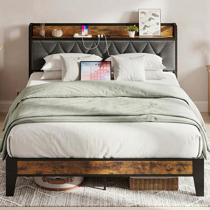ANCTOR Full Bed Frame, Upholstered Tufted Headboard, Storage Shelves & Charging Station, No Box Springs Needed, Sturdy, Noise-Free, Modern Vintage Style