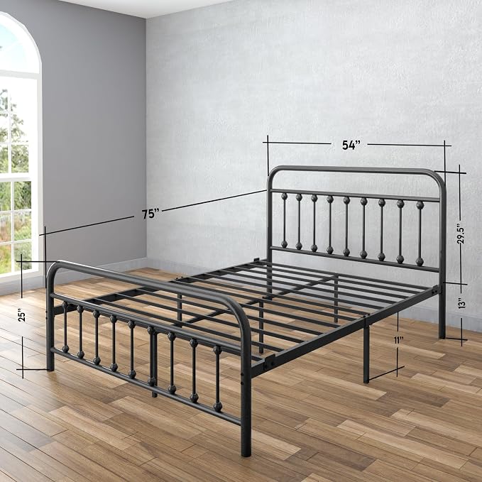 AMBEE21 Golden Gate Beds Vintage Style Metal Bed Frame with Wrought Iron Headboard and Footboard, Classic Platform Bedframe with Storage, No Box Spring Needed, Mattress Foundation, Black, Full Size