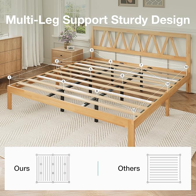 Novilla 12 Inch Solid Wooden King Size Bed Frame King Bed Frames with Headboard BedFrame Foundation No Box Spring Needed, Easy Assembly, Natural Grain Wood