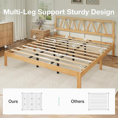 Novilla 12 Inch Solid Wooden King Size Bed Frame King Bed Frames with Headboard BedFrame Foundation No Box Spring Needed, Easy Assembly, Natural Grain Wood