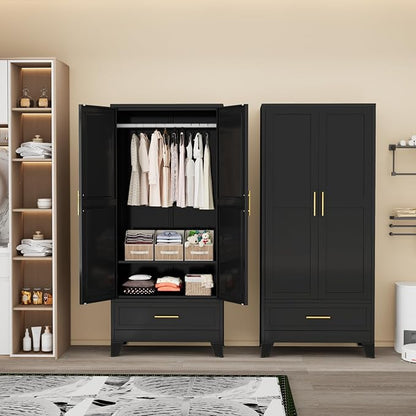 PAOFIN 71" Metal Armoire Wardrobe Closet Storage Cabinet with Hanging Rod,Metal Clothing Cabinet with 1 Drawer and Adjustable Shelf for Bedroom, Laundry Room(Black)