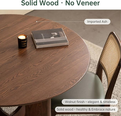 YESWOOD 43.3’’ Round Dining Table for 4-6, 100% Solid Wood Kitchen Table with U-Shaped Pedestal Base, Farmhouse Circle Modern Dinner Table for Dining Room, Living Room (Imported Ash Wood, Walnut)
