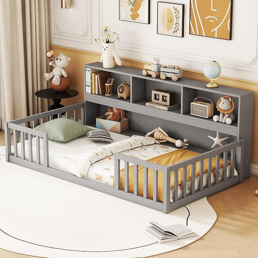 Bellemave Kids Montessori Floor Bed Twin Size,Floor Bed Frame with Bookcase and Shelves for Kids Boys Girls,Twin,Gray