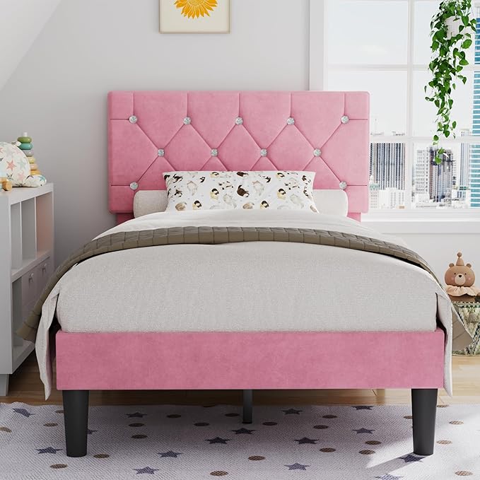 VECELO Twin Size Bed Frame with Diamond Tufted Headboard, Upholstered Platform Bedframe with Wood Slat Support, No Box Spring Needed, Velvet & Pink