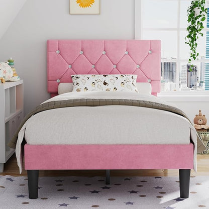 VECELO Twin Size Bed Frame with Diamond Tufted Headboard, Upholstered Platform Bedframe with Wood Slat Support, No Box Spring Needed, Velvet & Pink