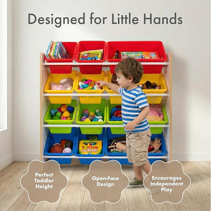 Humble Crew Toy Storage Organizer with 12 Removable Storage Bins for Kids Playroom, 4-Tier Toddler Toy Organization, White/Primary
