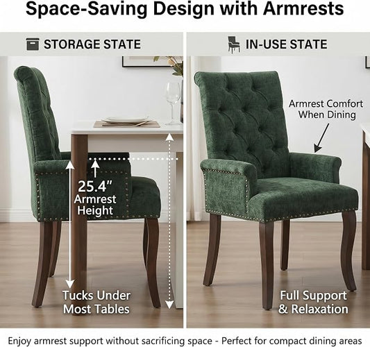Upholstered Dining Chairs with Arms Set of 4, Olive Green, 4 Pack | Tufted Chenille Kitchen Chairs with Arms, Modern Farmhouse Armchair with Nailhead Trim for Dining Room, Home Office