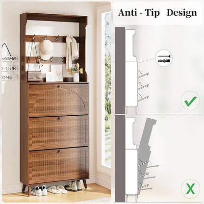 Fsbecl Shoe Cabinet for Entryway with 3 Flip Drawers & Coat Rack, Narrow Hidden Shoe Storage Cabinet with Fluted Panel, 2-in-1 Hall Tree Slim Freestanding Shoe Rack Organizer for Hallway, Walnut
