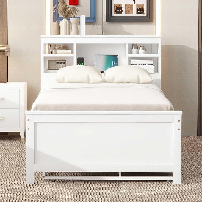 Merax Twin Size Platform Bed with Storage Headboard, USB, Wood Bedframe with Twin Size Trundle and 3 Drawers, White