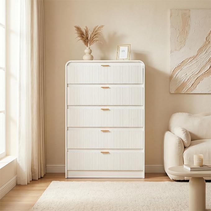 FURSUN Fluted 5 Drawers Dresser for Bedroom, 48" Tall Wooden Modern Dresser with Metal Handle, Curved Profile Design, Storage Organizer for Bedroom, Living Room, Hallway, White