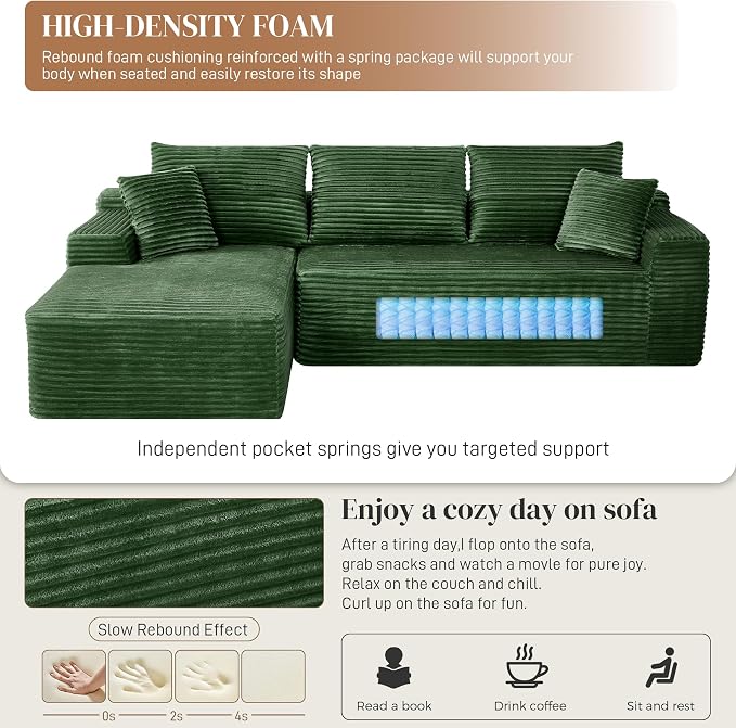 108" L Shaped Cloud Boneless Sectional Couches for Living Room, Modern Comfy Modular Deep Seat Memory Foam Compressed Corduroy Sofa Oversized Left Facing Chaise, No Assembly Required, Green