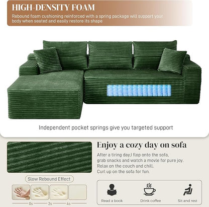 108" L Shaped Cloud Boneless Sectional Couches for Living Room, Modern Comfy Modular Deep Seat Memory Foam Compressed Corduroy Sofa Oversized Left Facing Chaise, No Assembly Required, Green