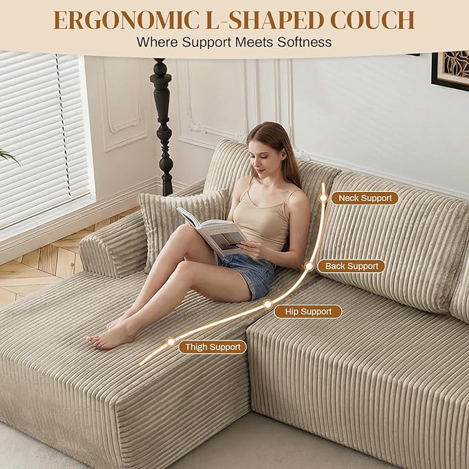 110" L Shaped Boneless Sectional Couches for Living Room, Comfy Corduroy Floor Cloud Sofa with Chaise, Wide Armrest, Deep Seat, Memory Foam, Assembly Free, Ideal for Small Spaces, Brown