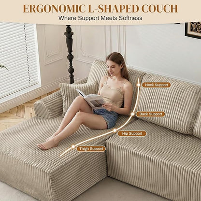110" L Shaped Boneless Sectional Couches for Living Room, Comfy Corduroy Floor Cloud Sofa with Chaise, Wide Armrest, Deep Seat, Memory Foam, Assembly Free, Ideal for Small Spaces, Brown