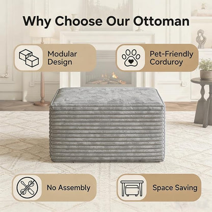 25.6 Inch Plush Corduroy Ottoman, Modular Sectional Foot Rest for Living Room, Upholstered Cloud Ottoman for Boneless Couch in a Box, Compressed Memory Foam, No Assembly Require, Light Grey