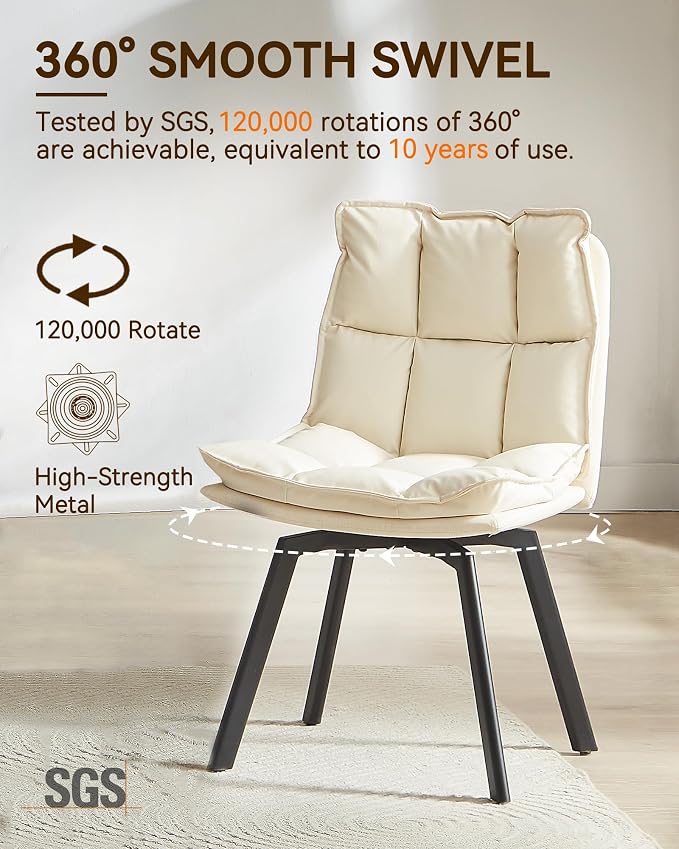 BedsPick 360° Swivel Dining Chair Set of 6 - Faux Leather Upholstered Kitchen Chair, Mid Century Modern Dining Room Chair with Metal Legs for Kithcen/Living Room/Reception/Office, Beige