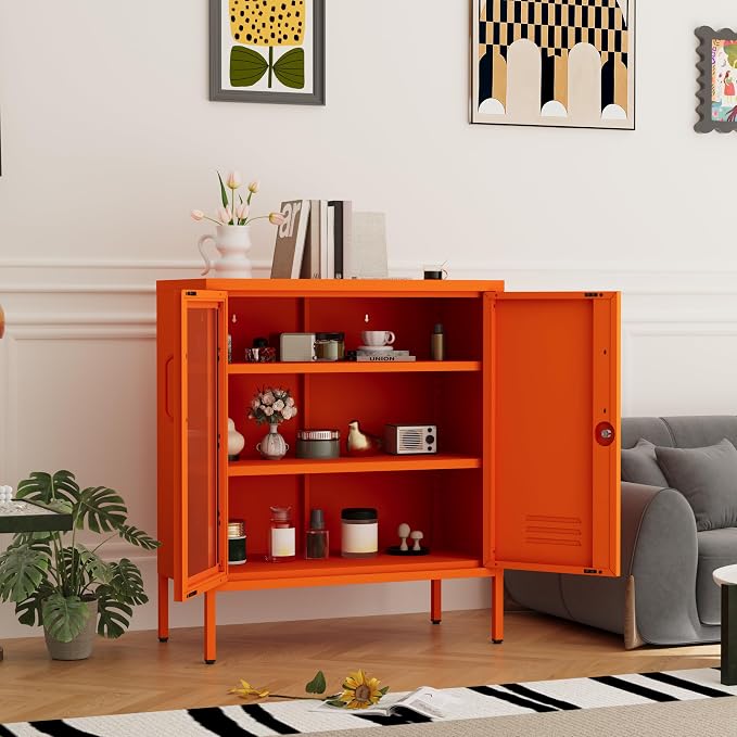 Metal Cabinet Metal Bathroom Storage Cabinet Metal Storage Cabinets with Glass Door and Adjustable Shelves Cabinet Storage for Coffee Bar for Homes, Living Rooms and Offices Orange 33''H