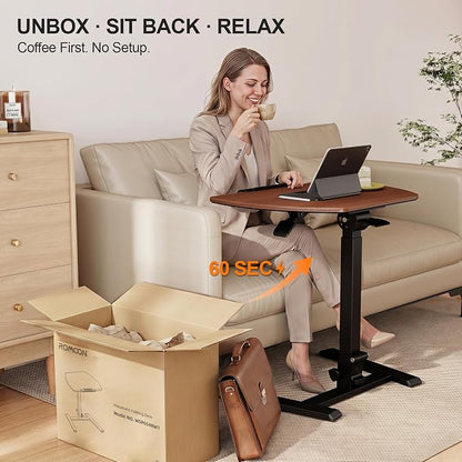 ROMOON Folding Portable Standing Desk with Wheels, No-Assembly Rolling Height-Adjustable Sit-Stand Table, Space-Saving Foldable Laptop Cart for Home Office and Computer Workstation (Walnut)