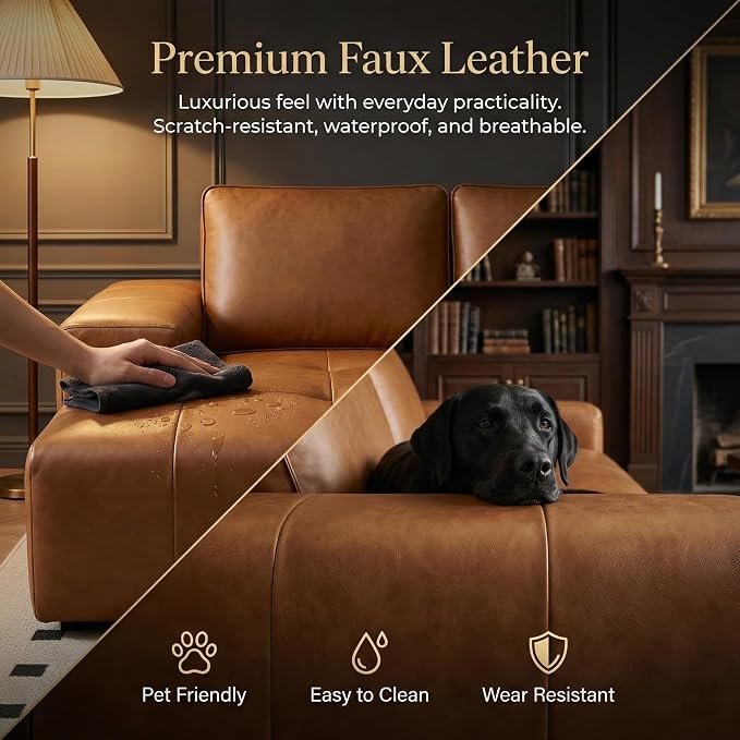 114” Boneless Sectional Couches for Living Room, Brown Cloud Faux Leather Couch in a Box, Modular Sectional Sofas for Living Room, L Shaped Couch with Chaise, Memory Foam Deep Seat, Left Chaise