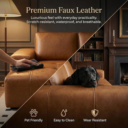 114” Boneless Sectional Couches for Living Room, Brown Cloud Faux Leather Couch in a Box, Modular Sectional Sofas for Living Room, L Shaped Couch with Chaise, Memory Foam Deep Seat, Left Chaise