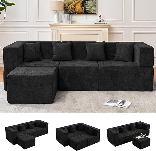 MONVANE 103'' Modular Sectional Sofa, Comfy Chenille Cloud Couch with Ottoman, Modern Convertible L Shaped Couch with Deep Seat, Sectional Couches for Living Room, Bedroom and Apartment, Black