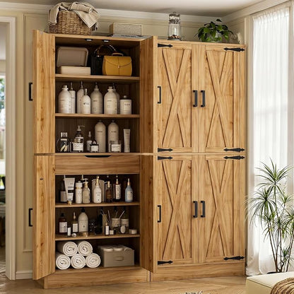 Unikito 71" Pantry Cabinet with Drawer, Farmhouse Barn Doors and Adjustable Shelves, Freestanding Storage Cabinet for Kitchen, Dining Room, Living Room, Utility Room