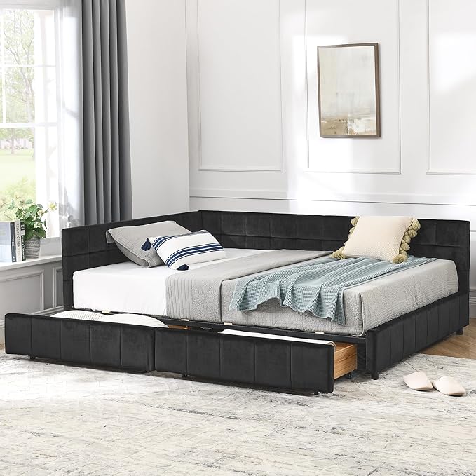 Bellemave Full Size Corner Bed Frame with Storage Drawers, Comfortable Backrest and Armrests, Velvet Tufted Corner Bed Frame Full Size, Upholstered Daybed for Bedroom, Living Room, Guest Room, Black