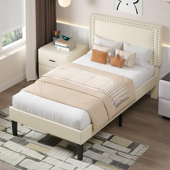VECELO Twin Size Platform Bed Frame with Height Adjustable Upholstered Headboard, Modern Mattress Foundation,Strong Wood Slat Support, No Box Spring Needed, Easy Assembly, Beige