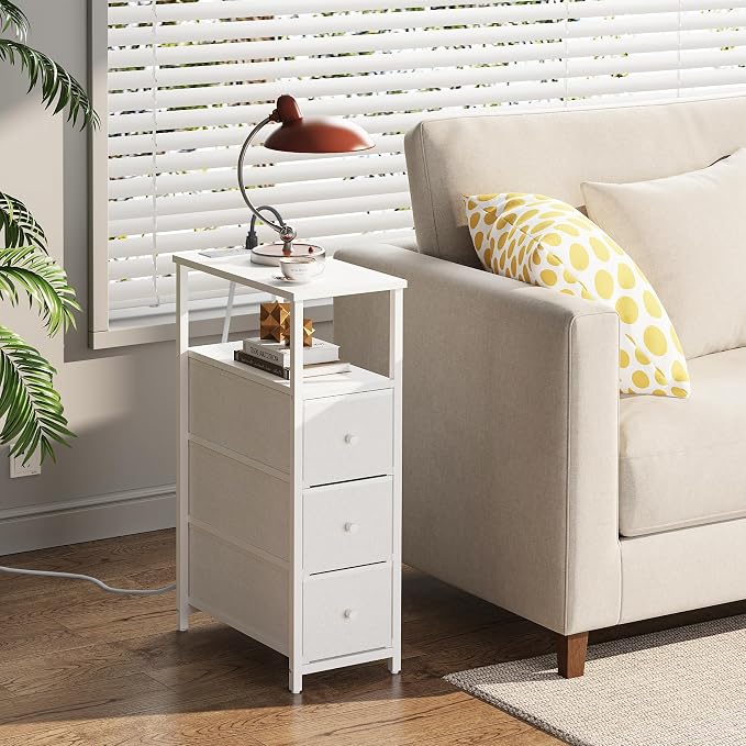TUTOTAK Narrow Night Stand with Charging Station, Slim End Table with Plugins, Tall Side Table with 3 Fabric Drawer, Small Bedside Table with Storage, Set of 2, Living Room, Bedroom, White TB01BW073