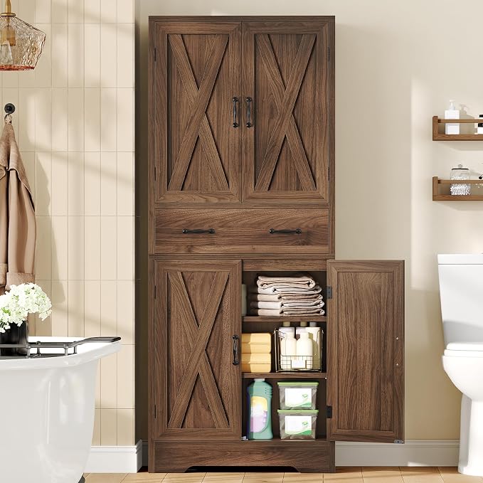 TEENFON Tall Storage Cabinet with 2 Adjustable Shelves & 1 Large Drawer, Kitchen Pantry Cabinet with 4 Doors, Bathroom Storage Cabinets, for Living Room, Kitchen, Bathroom, Walnut