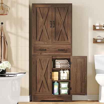 TEENFON Tall Storage Cabinet with 2 Adjustable Shelves & 1 Large Drawer, Kitchen Pantry Cabinet with 4 Doors, Bathroom Storage Cabinets, for Living Room, Kitchen, Bathroom, Walnut