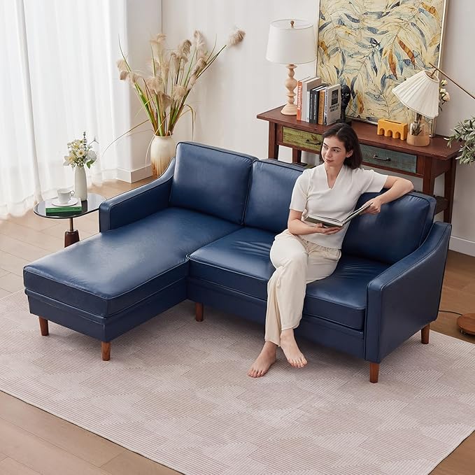 Kingfun 88" L-Shape Sofa, Faux Leather Sectional Couch, Mid Century Modern Couches with Solid Wood Frame for Living Room Bedroom