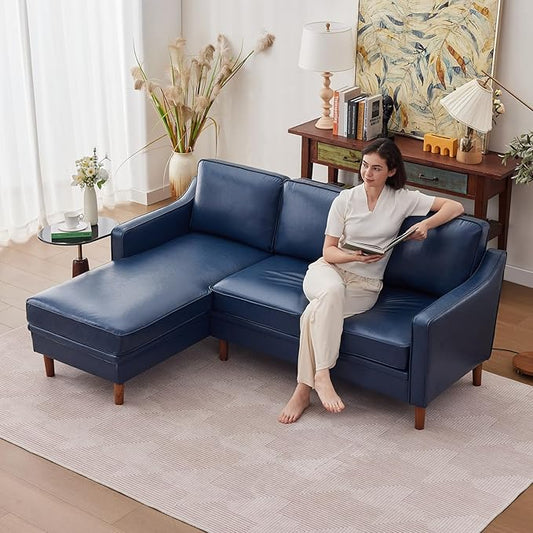 Kingfun 88" L-Shape Sofa, Faux Leather Sectional Couch, Mid Century Modern Couches with Solid Wood Frame for Living Room Bedroom