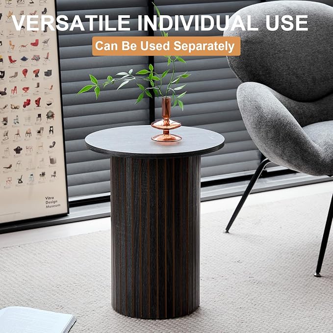 Round Nesting Coffee Tables for Living Room, Set of 2, Black | φ27.6 + φ15.8 Boho Small Circle Side Tables, Fluted Drum Design Wood Grain Finish Minimalist Modern End Table, Small Spaces