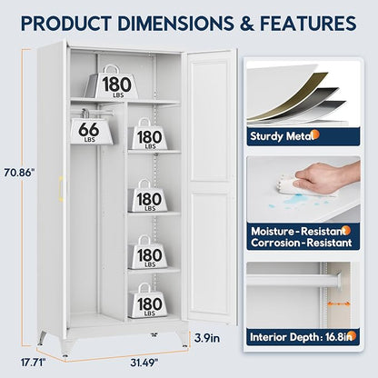 UNICOLY Metal Wardrobe Closet Storage Cabinet， 71" H Wardrobe with Hanging Rod, Clothing Coat Steel Locker Freestanding Wardrobe for Office, School, Home, Employee,Gym,Fire Department, White