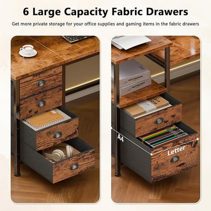 Furologee 66" Reversible L Shaped Gaming Desk with 6 Drawers & Printer Storage Shelves, Corner Computer Desk with Power Outlets & LED Lights, Home Office Table with Monitor Stand, Rustic Brown