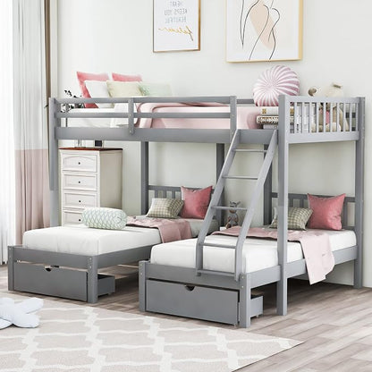 Wood Triple Bed Bunk Bed with 2 Storage Drawers, 3-in 1 Full Over Twin & Twin Bunk Bed Frame with Built-in Middle Drawer, Guardrail Ladder for Kids Teens Adults, Maximized Space Design (Grey1-full)