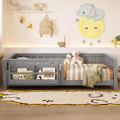 Bellemave Gray Montessori Floor Bed with Fence and Slats, Full Size Montessori Floor Bed with Bookcase and High Rails, Easy Assemble Bed Frame for Girls, Boys, Full