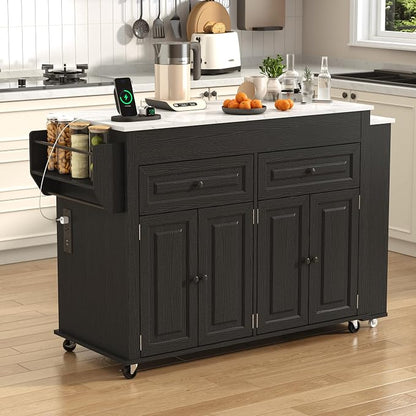 80"-48" Extendable Kitchen Island with Extended Dining Table and Power Outlet,Large Mobile Kitchen Storage Islands with 2 Storage Drawers,Rolling Islands Cart with 3 Extra Rows Open Shelves(Marble Bl)