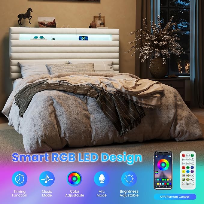 SHA CERLIN Queen Bed Frame with LED Light & 2-Tier Storage Shelf, Velvet Upholstered Adjustable Headboard with Charing Station, Horizontal Channel Tufted, No Box Spring Needed, Easy Assembly, White