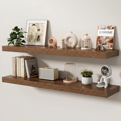 Floating Shelves for Wall, 48 Inch x 8 Inch Deep Wall Mounted Wood Shelf with Invisible Brackets for Storage & Display, Living Room Bedroom Kitchen, Walnut, Set of 2