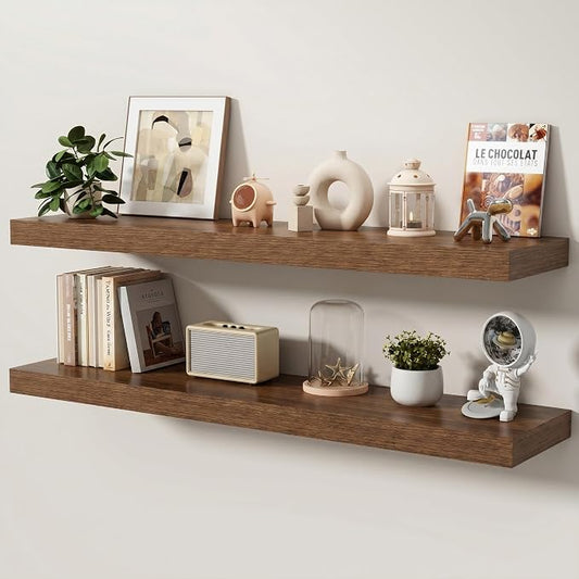 Floating Shelves for Wall, 48 Inch x 8 Inch Deep Wall Mounted Wood Shelf with Invisible Brackets for Storage & Display, Living Room Bedroom Kitchen, Walnut, Set of 2