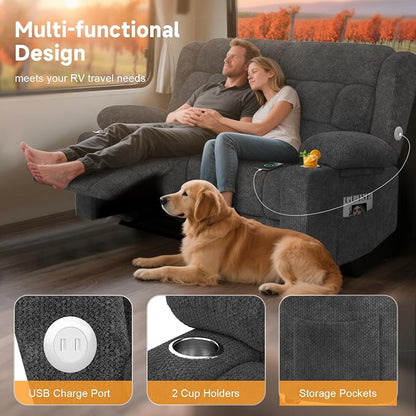 RV Loveseat Recliner Sofa, Wall Hugger Reclining Loveseat RV Couch with USB Ports, Cup Holders, Pockets, 150° Adjustable RV Furniture Velvet Fabric Recliners for Travel & Home Theater Seating