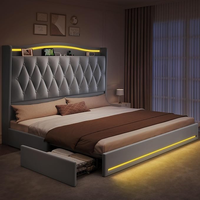 DWVO King Size Bed Frame with 4 Storage Drawers and RGB LED Lights, 57'' Tall Headboard Velvet Upholstered Bed with Charging Station, No Box Spring Needed, Easy Assembly, Noise-Free, Grey